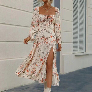 Apricot Boho Allover Floral Print Flounce Sleeve Knot Front Split Thigh Dr…